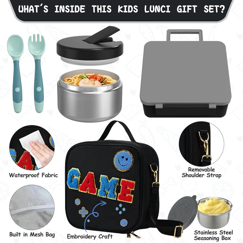 Aimsnk Kids Bento Lunch Box with 8oz Soup Thermo, Kids Leakproof Lunch Food Containers with 4 Compartment,Insulated Hot Food Jar with Lunch Bag for School, Travel (Black) - Image 3